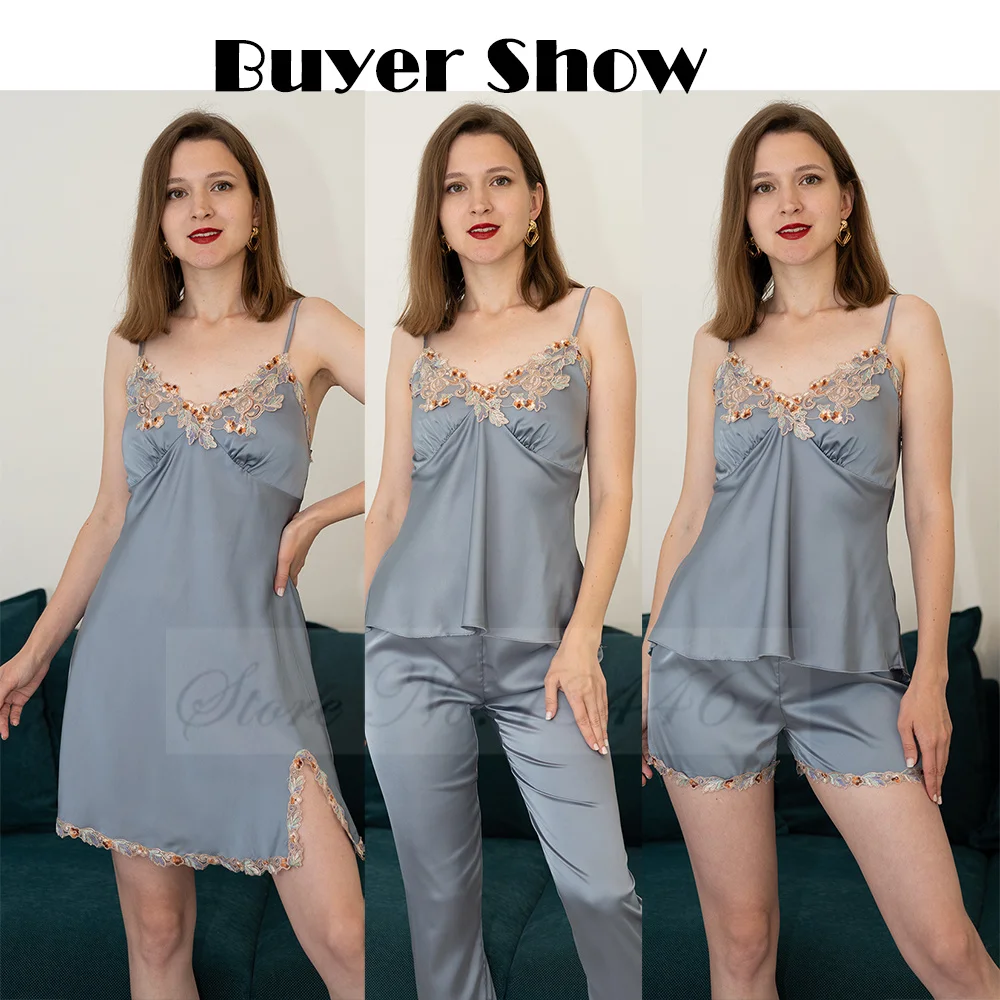 Spring Summer 5PCS PAJAMAS SET Sexy Lace Trim Bath Robe Nightgown Female Satin Cami Pijamas Suit Loose Home Clothes Lounge wear