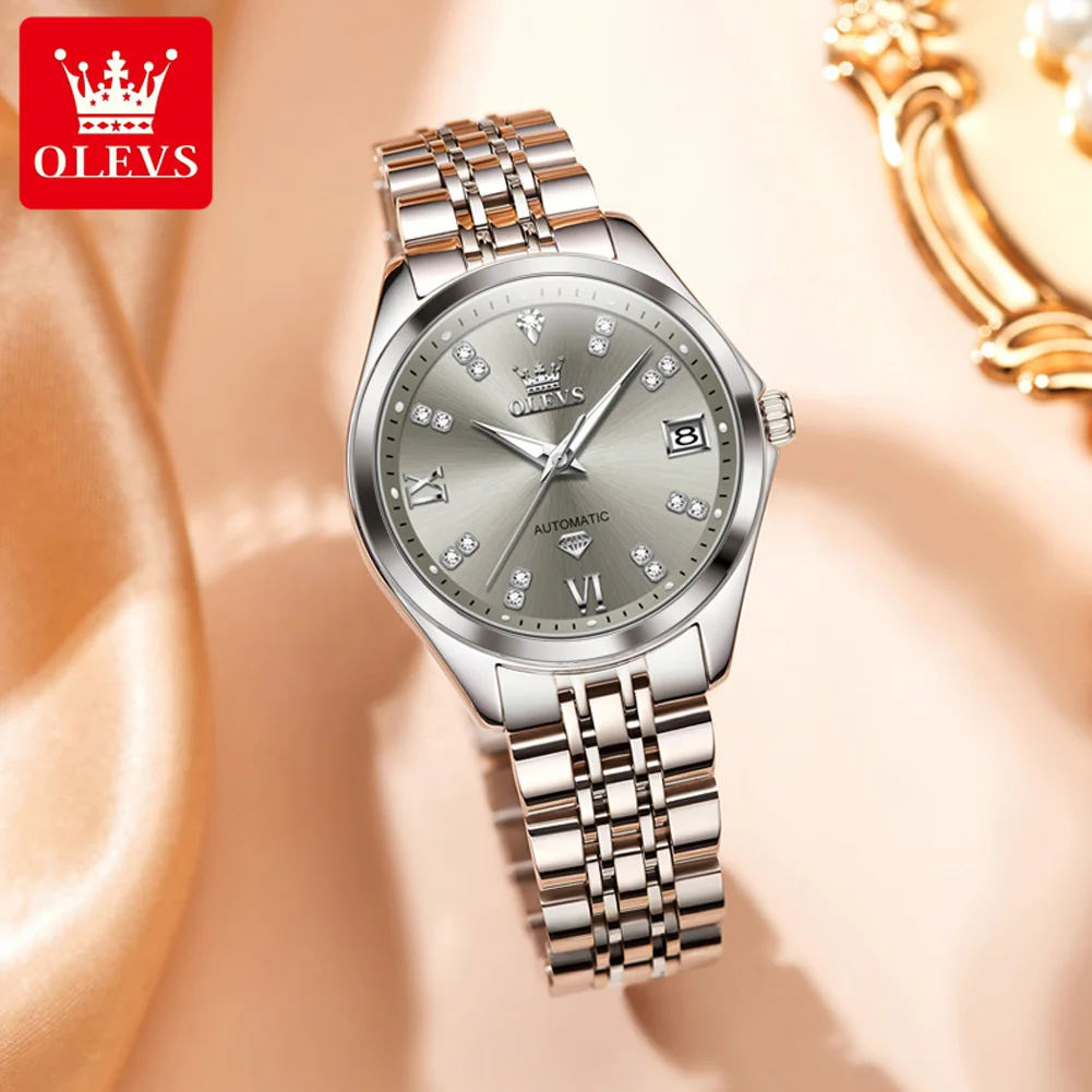 OLEVS Grey Women\'s Watches Elegant Fashion Automatic Mechanical Watch for Lady Luminous Date Waterproof Stainless Steel Simple