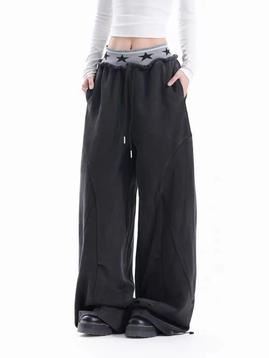 Men's Star Pattern Splicing Design Sweatpants Street Style Cool Boy Vibe Casual Pants Spring Bottom Male High Waist Y2k Trousers