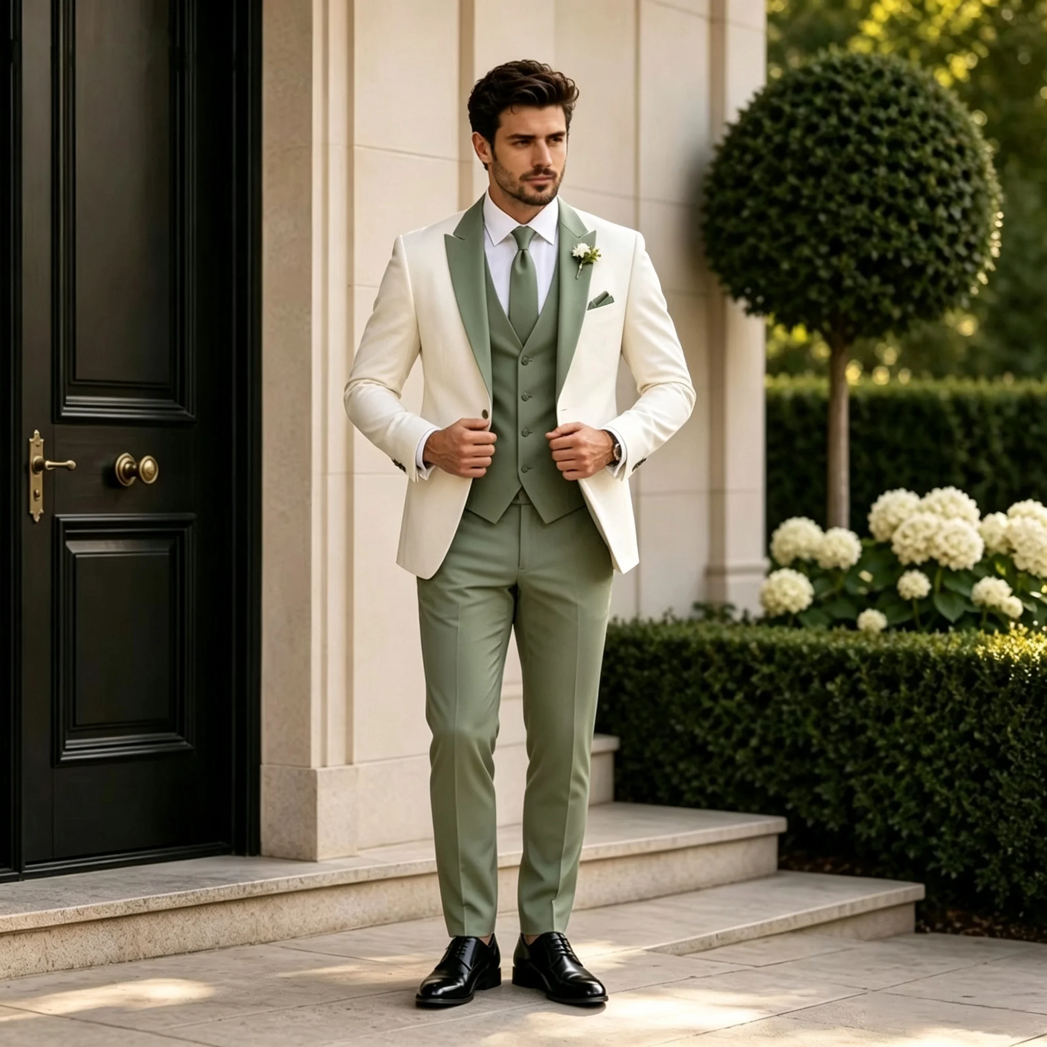 Fashion White Sage Light Green Men Suit Set 3PCS For Wedding Formal Business Groom Best Man Outfit Office Customized Men's Suit