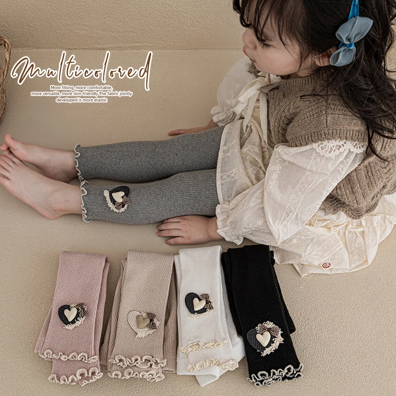Kawaii طفل الفتيات الشتاء أفخم غرامة شريط الجوارب كشكش هيم فحص القلب القوس طماق القطن لطيف طالب الاطفال اقتصاص السراويل
