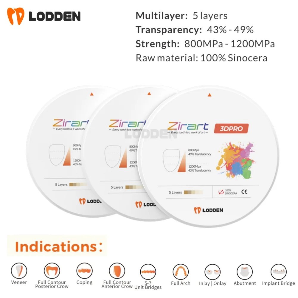 Lodden Dental Zirconia Block 3D PRO Multilayer 98mm Open System for CAD CAM Materials Open System 43%-49% Strength 800-1200Mpa