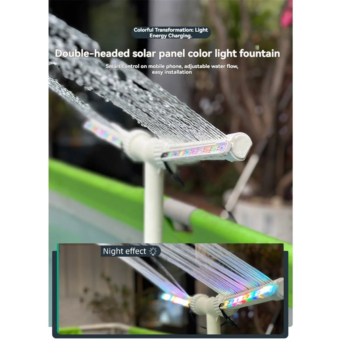 

Solar Pool Fountain for Above and in-Ground Pools with RGB Lights and Auto Light Sensing Dual Pool Sprinkler Fountain