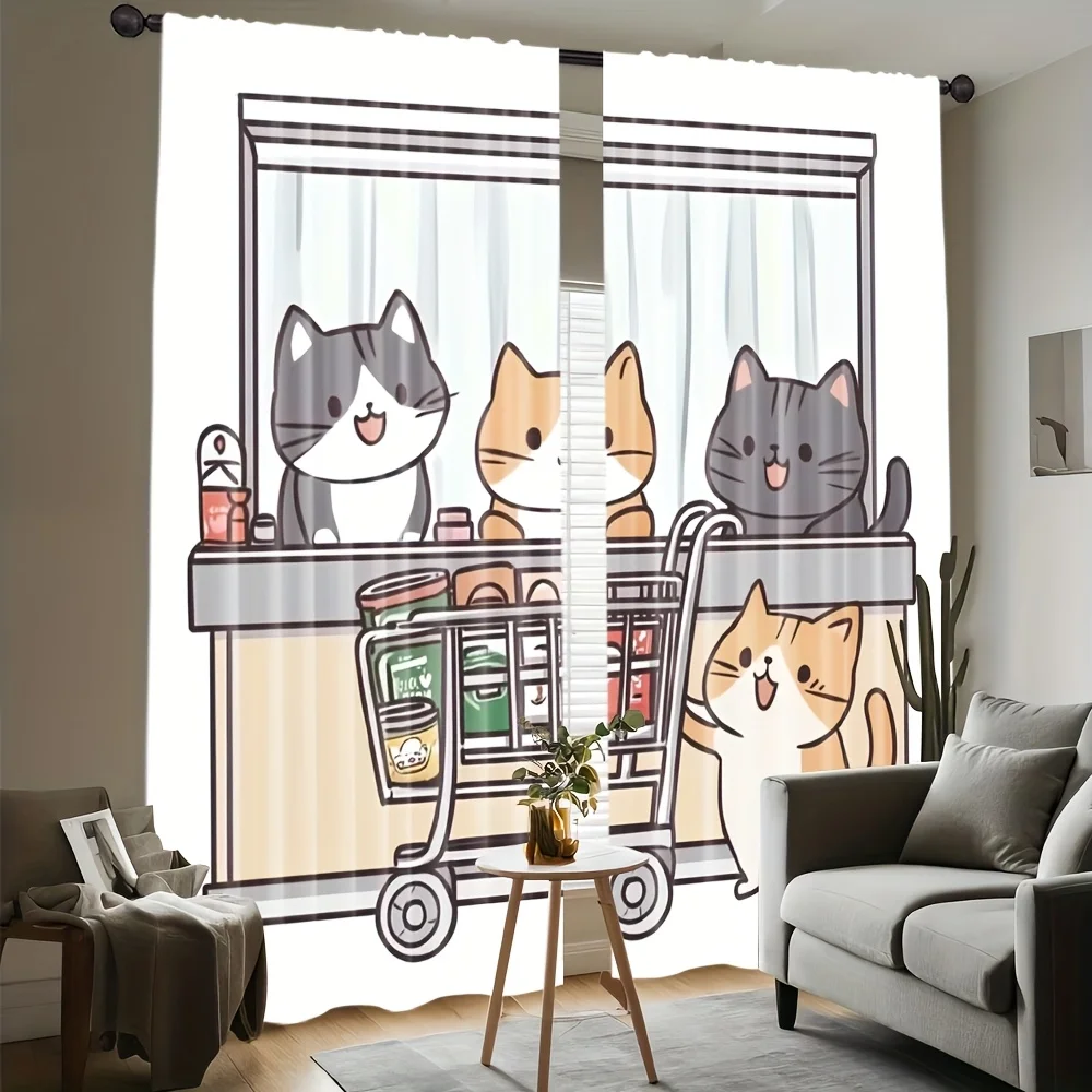 Cute Cat Curtain, Cartoon Kitten Shopping Cart Window Drape, Funny Animal Kids Room Decor Pet Lover Home Textile Fabric Blackout