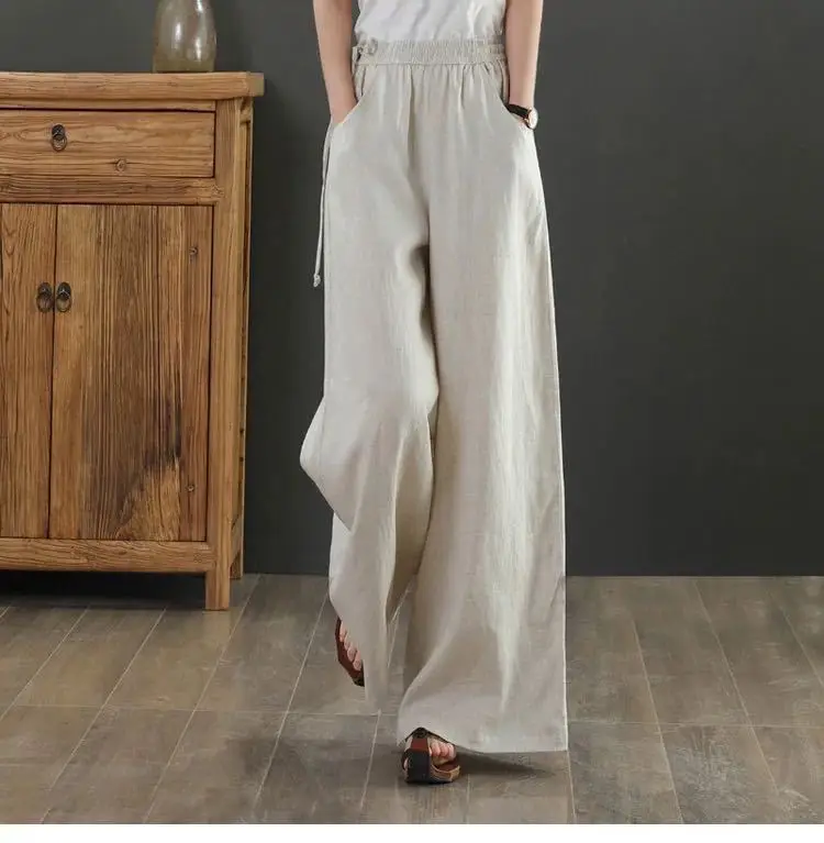 

2023 Cotton Linen Wide Leg Pants 4xl Big Size Trousers Women Summer Elastic Waist Casual Ankle-length Pantalones Baggy Sweatpant