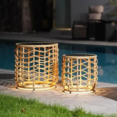 Boho Solar Nesting Tables with Built-in Lights - Set of 2, Weather-Resistant Wicker for Patio, Porch, Garden, Perfect