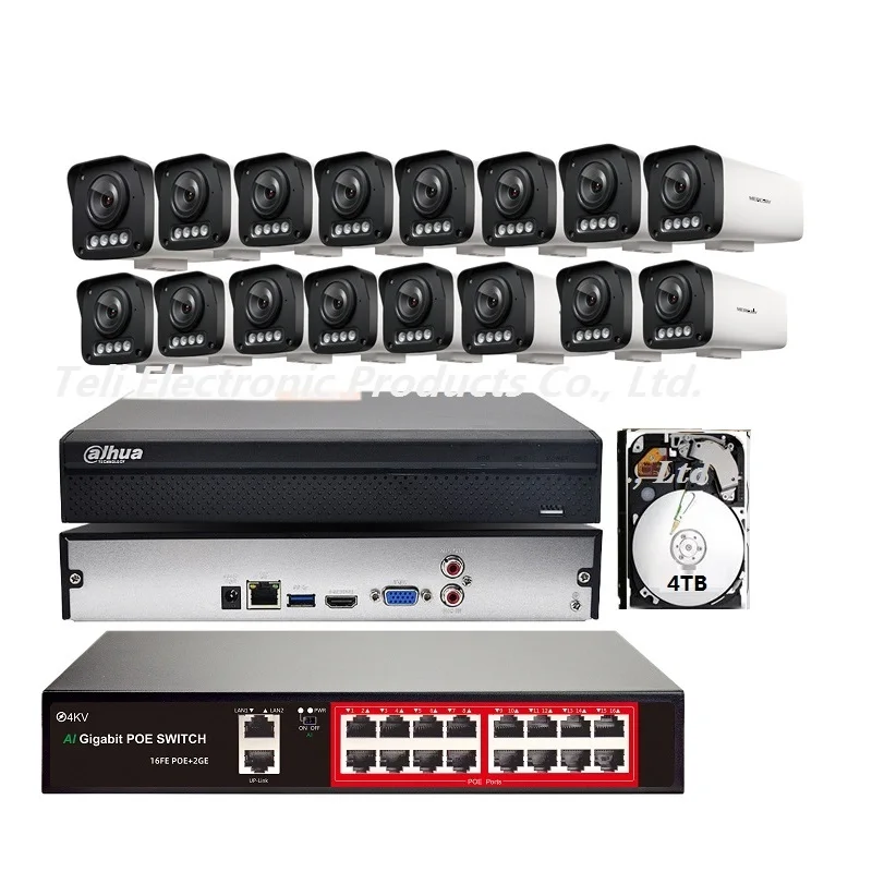 

High Quality 16 Network Camera Kit 4K Dual Light Source Night Vision Audio 16 Ch NVR 4TB Memory CCTV POE Camera System