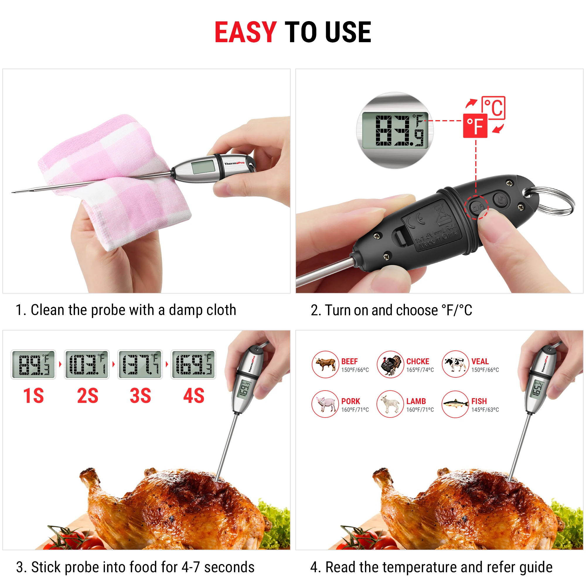 ThermoPro TP02S Instant Reading Digital Food Cooking Kitchen Thermometer For Grill Barbecue Long Probe