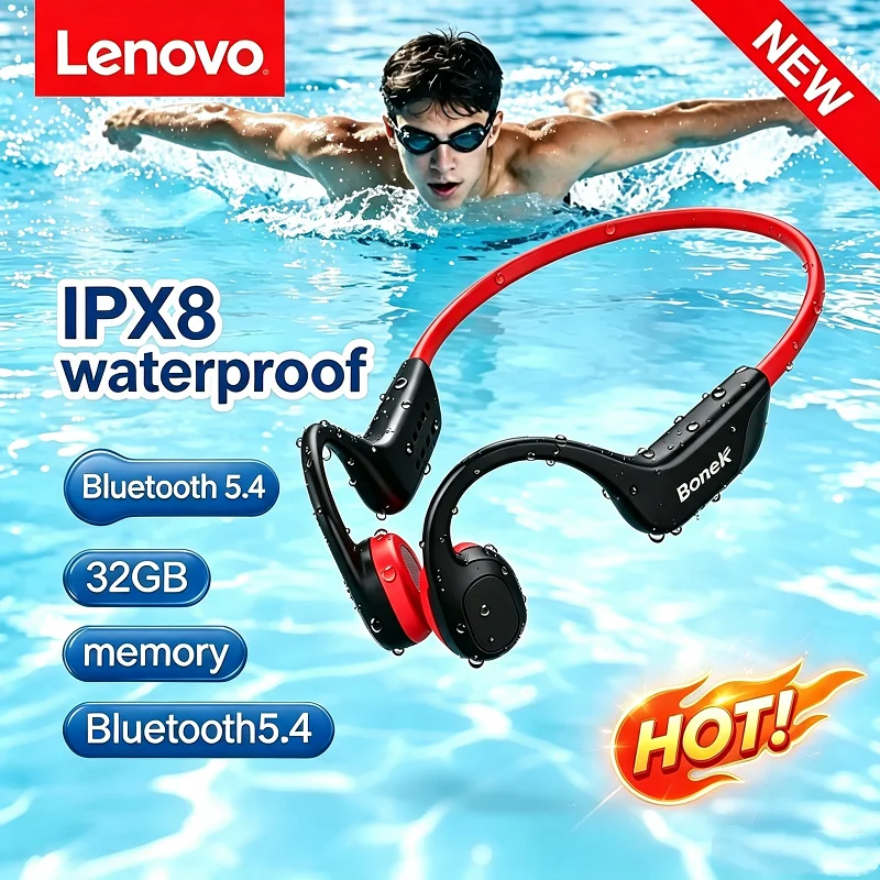 Casque à conduction osseuse Lenovo Bluetooth 5.4 avec micro, étanche, pour l'exercice, le fitness, la natation, les sports, sans fil, nouveau 2026