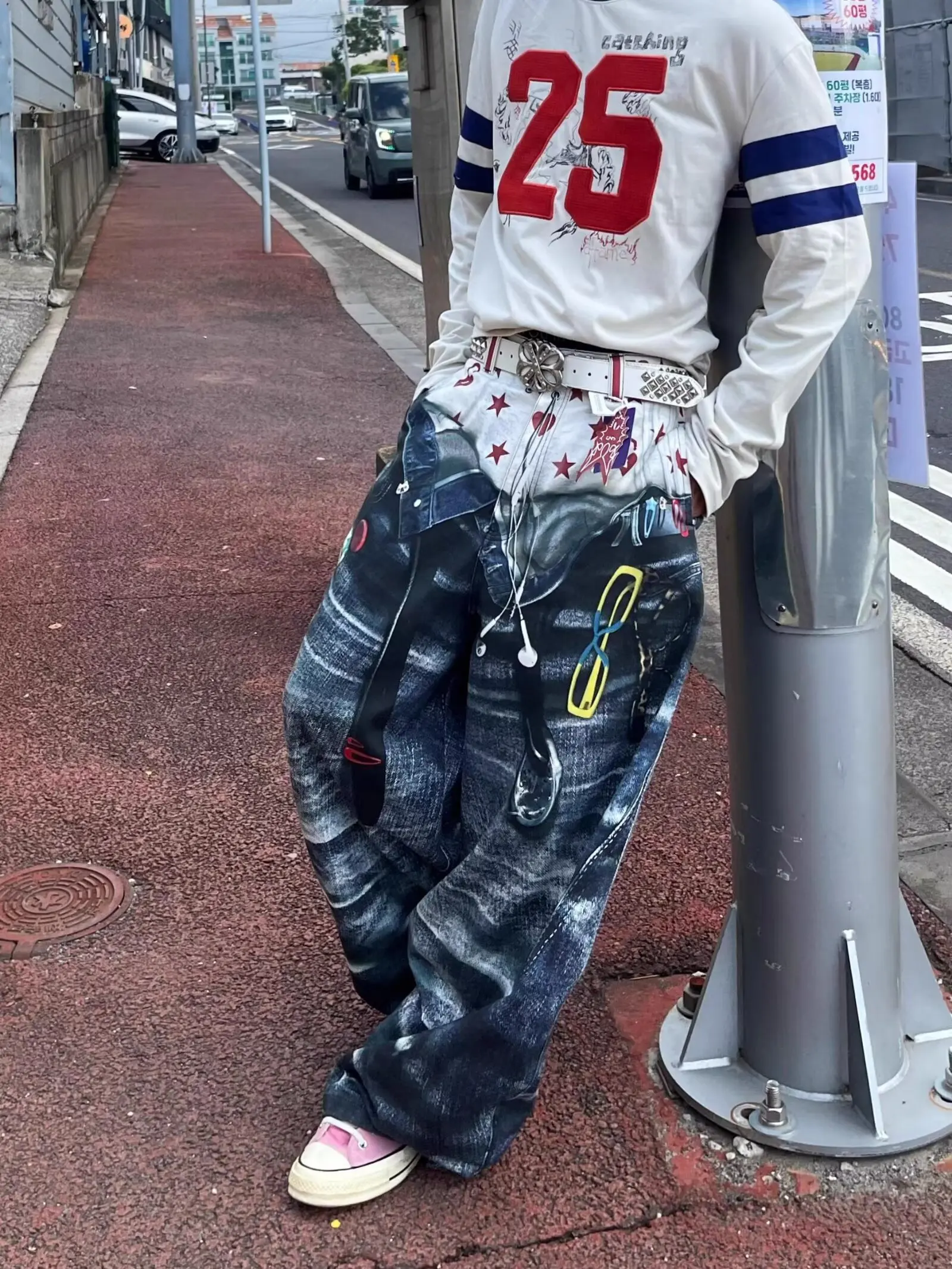 Y2K 3D Printing Double Waistband Jeans Men American Street Retro Baggy Straight Pants Plus Size Trend Mop Floor Pants