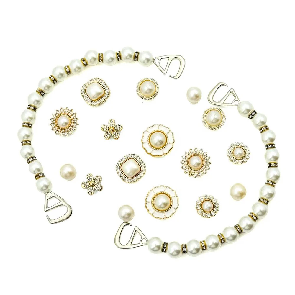 16/18Pcs Fashion Shoe Charms Set for Sandals Clogs Pins Accessories Pearl Chain Personalized Sneaker Decorations for Women