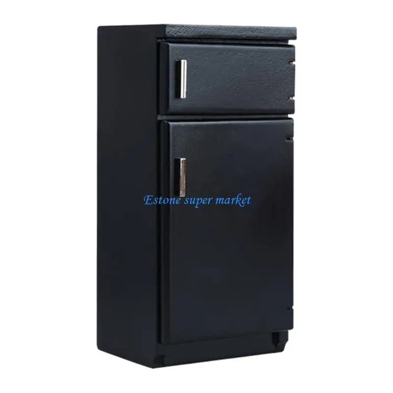 

090B Handcrafted Black Mini Refrigerator Wooden Toy For Model House Furniture