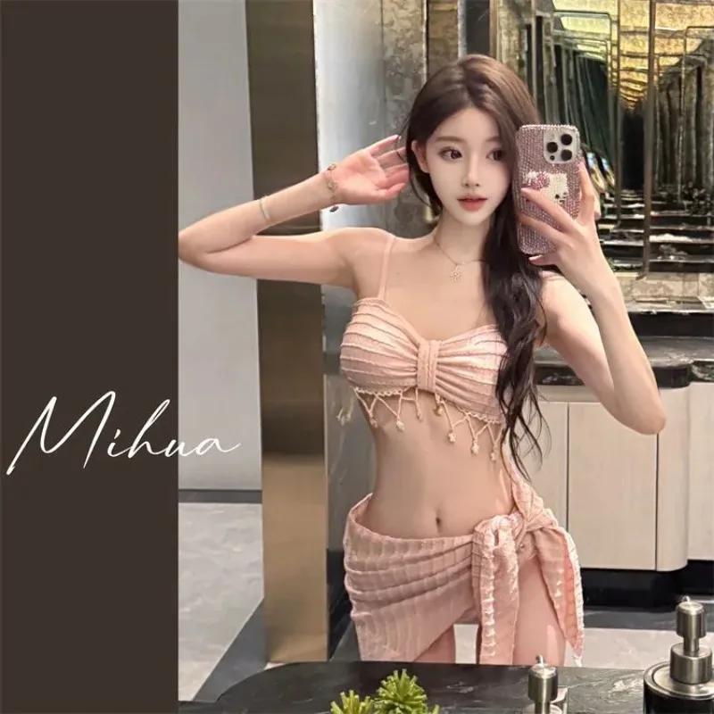 New Three Piece Bikini Set Women Pure Desire Sexy Bow Front Tassel Skirt Swimsuit For Beach Hot Spring Vacation