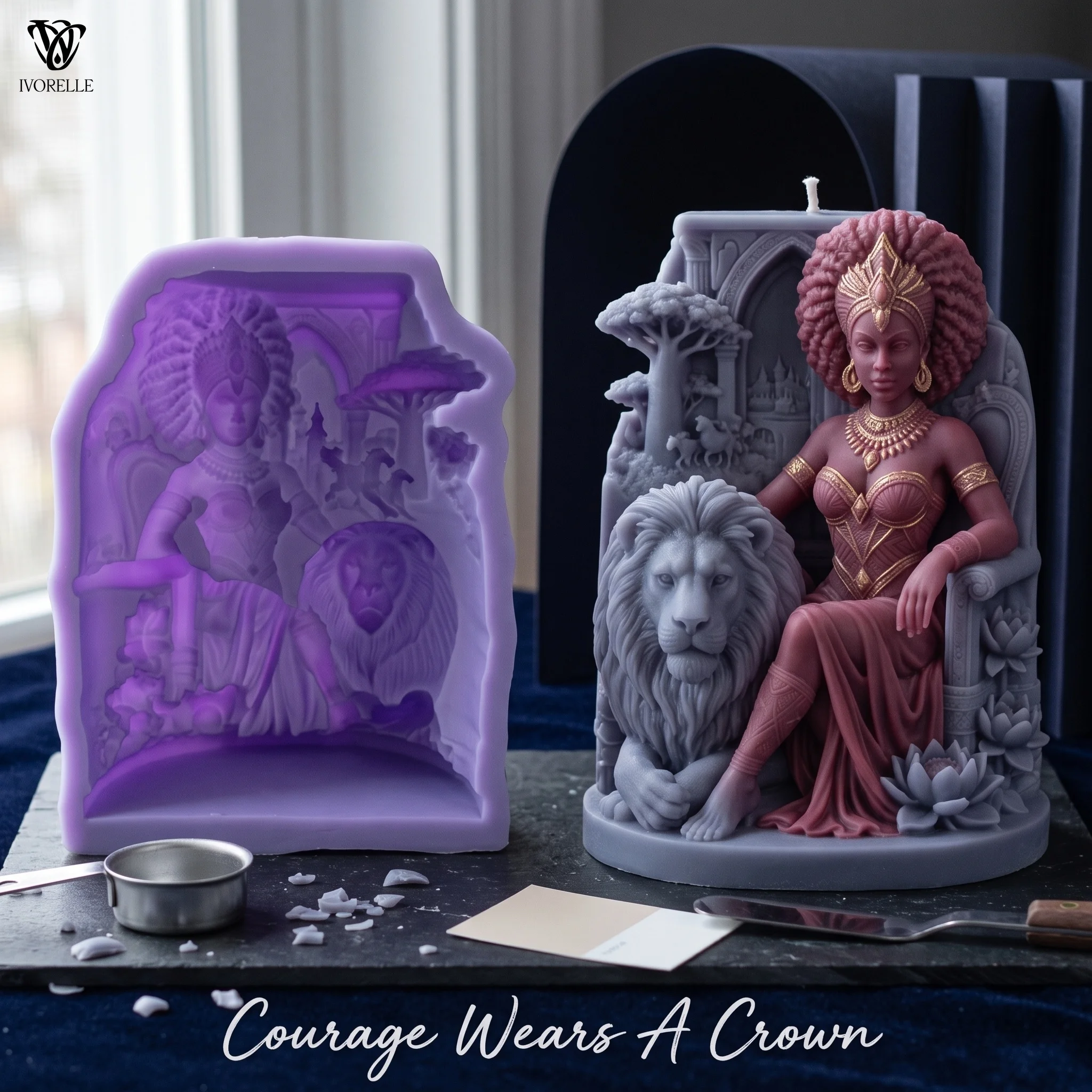 IVORELLE Lion Queen Silicone Candle Mold Ornate Headdress Throne Lion Relief For Wax Resin Plaster Soap DIY