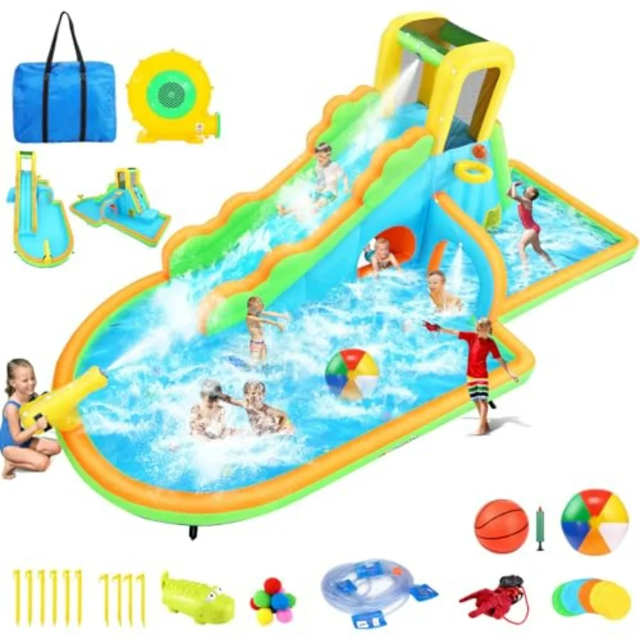 

Backyard inflatable water slide for kids aged 3-12: PVC, blue/red, large wave rider with splash pool, climb wall, basketball ri
