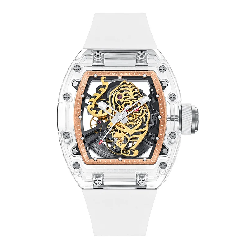 CRONUSART الرجال ساعة أوتوماتيكية فاخرة 50 مللي متر تونيو ساعة اليد الميكانيكية الاكريليك حالة مضيئة الهيكل العظمي النمر الهاتفي