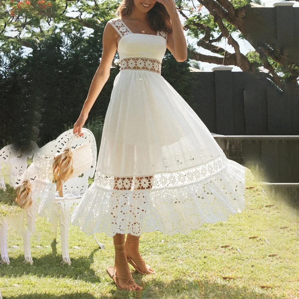 

Women Elegant Dress White Flowers Hollow Lace Bohemia Long Dress Cocktail Party Summer Youth Sweet Beach Sundress