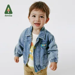 Amila Baby Jackets 2024 Spring New Pure Cotton Cute Cartoon Flip Collar Casual Long Sleeved Denim Coat for Boys