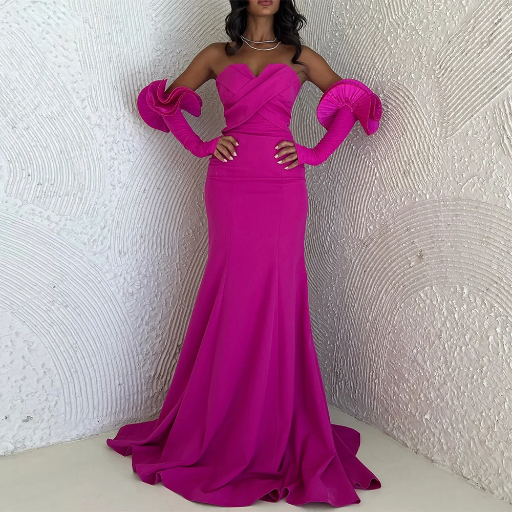 

Fuchsia Elegant Women's Dresses for Evening Party Jersey Mermaid Prom Gown Sweetheart Criss-Cross Gloves Included Party Gown