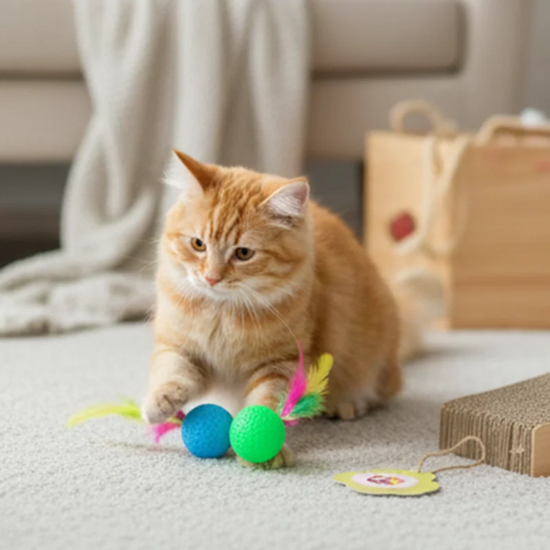 Cat Self-Play-Feder-Golfball-Spielzeug – interaktiver Teaser-Ball mit knusprigem Klang für Linderung und Übung von Kätzchen, Langeweile