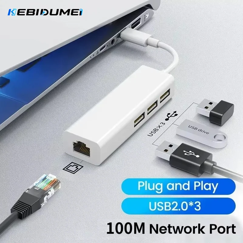 KEBIDUMEI USB Type C to RJ45 Lan Network Card 4 in 1 USB2.0 Ethernet Card Hub Splitter Adapter 10GBit/s for Laptop Macbook Pro
