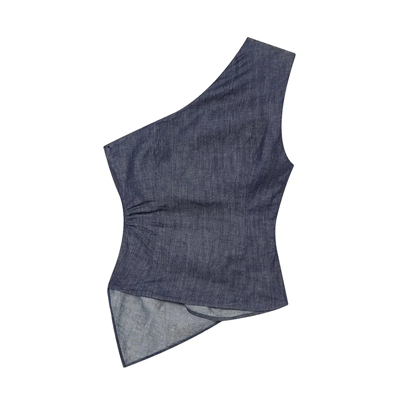 Willshela Women Fashion Denim Navy Blue Pleated Side Zipper Tank Tops Vintage Backless Asymmetrical Neck Female Chic Lady Tops