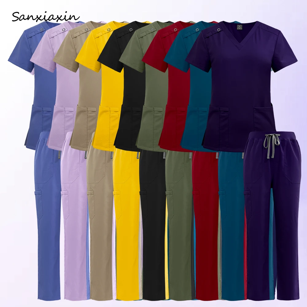 고품질 스크럽 유니폼 세트 닥터 센터 의료 유니폼 편안한 스크럽 슈트 숙녀 뷰티 살롱 탑 + 바지 스파 작업복