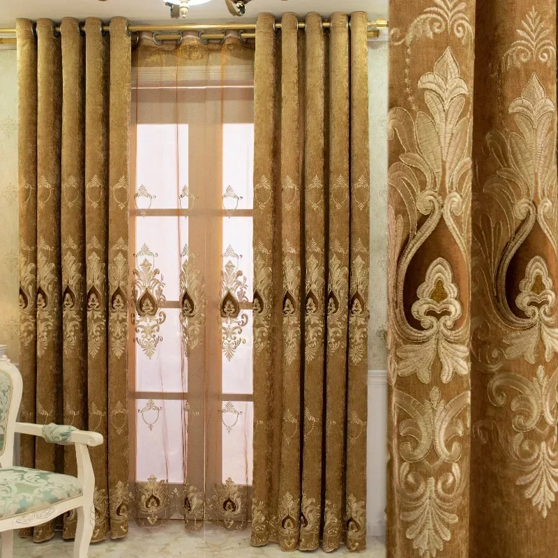 European Embroidered Velvet Curtains for Living Room Curtains for Bedroom Windows Chenille Luxury Blackout Villa Valance