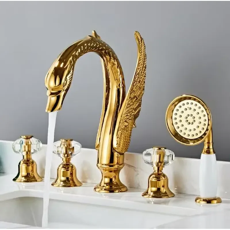 European Design 5-Piece Bathroom Gold Brass Deck Mounted Swan Bathtub Faucet Shower Set with Hand Shower