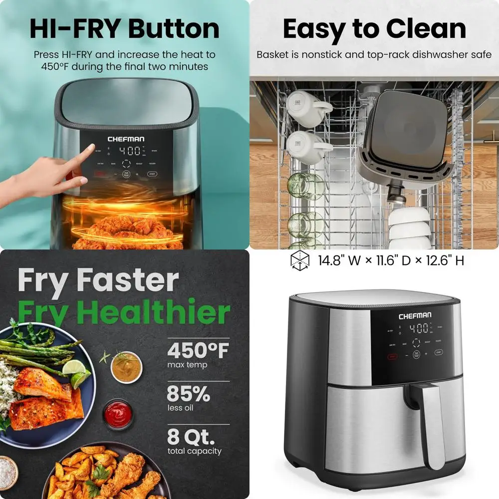 

8-литровая аэрофритюрница TurboFry с функцией 450-градусного нагрева ° Опция Hi-Fry для хрустящих результатов | Многофункциональная печь для выпечки, сушки и замораживания