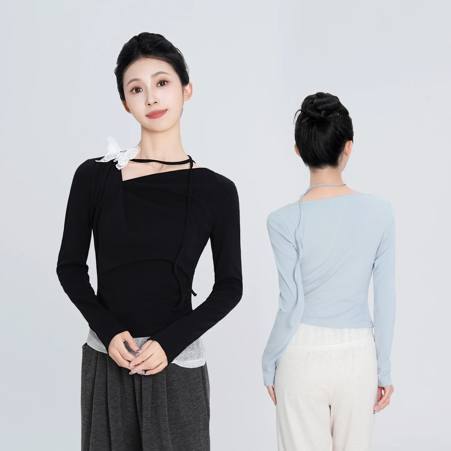 女性レーススプライスカジュアルブラウス優雅なダンストップ非対称ドレープ&繊細な蝶チョーカーガールコットン長袖シャツ