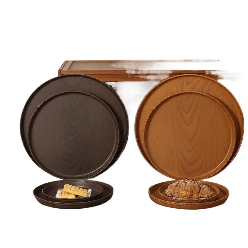 Vintage Round Serving Tray Imitation Wood Grain Anti Slip Dining Plate Fruit Platters For Home Restaurant Tea Fruit Dessert