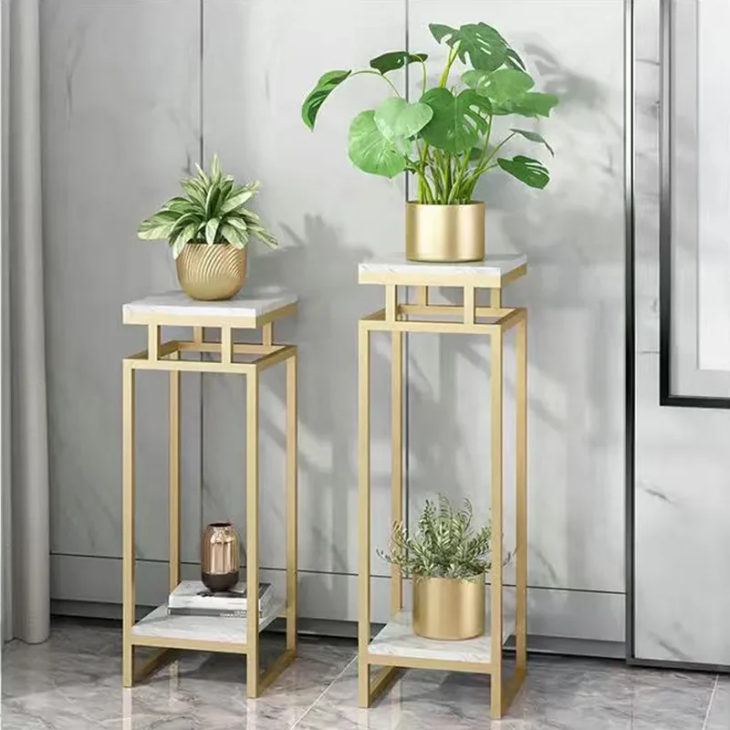 New Chinese Style Simple Floor to Ceiling Flower Stand Living Room Entrance Balcony Shelf Light Luxury Indoor Marble Metal