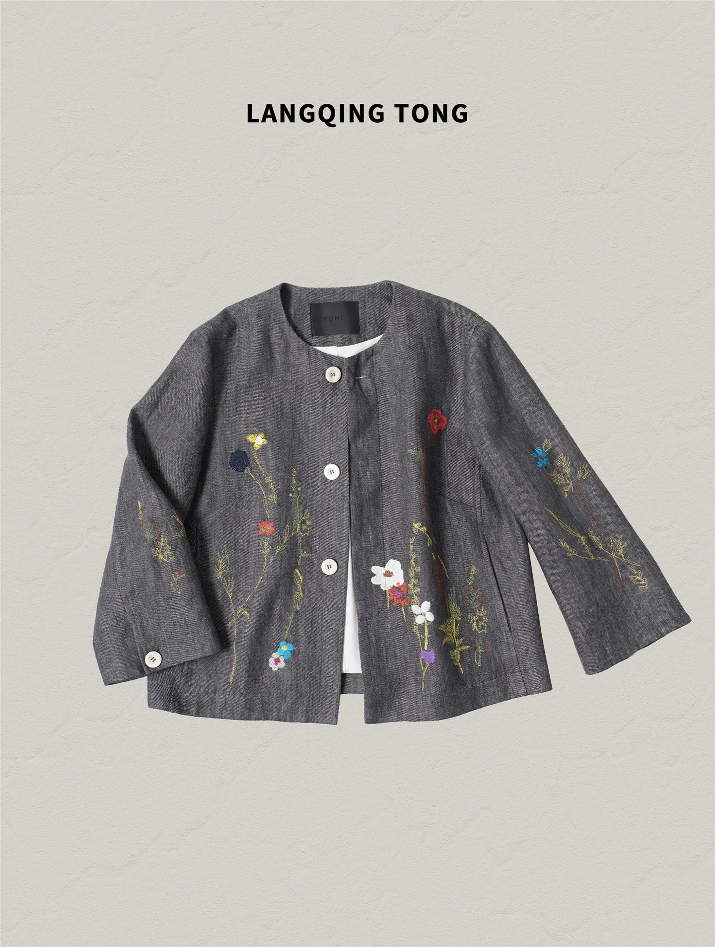 

Повседневный льняной жакет Jiuxiaoya с круглым вырезом для женщин, весна 2026, новая модель, на одной пуговице, с вышивкой, для офиса и повседневной носки