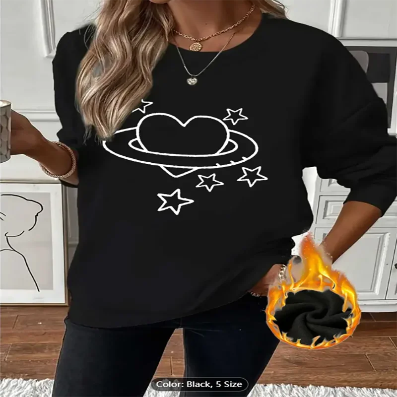 Womens Sweatshirt Heart Planet Star Graphic Print Fleece Lined Casual Oversized Pullover Top for Space Style Lovers Pure Cotton