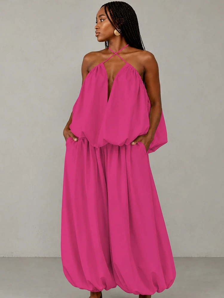 Plus Size Woman Clothing 2 Piece Set Deep V-neck Halter Neck Top with Wide Leg Pants Backless Elegant Summer Outfit Woman