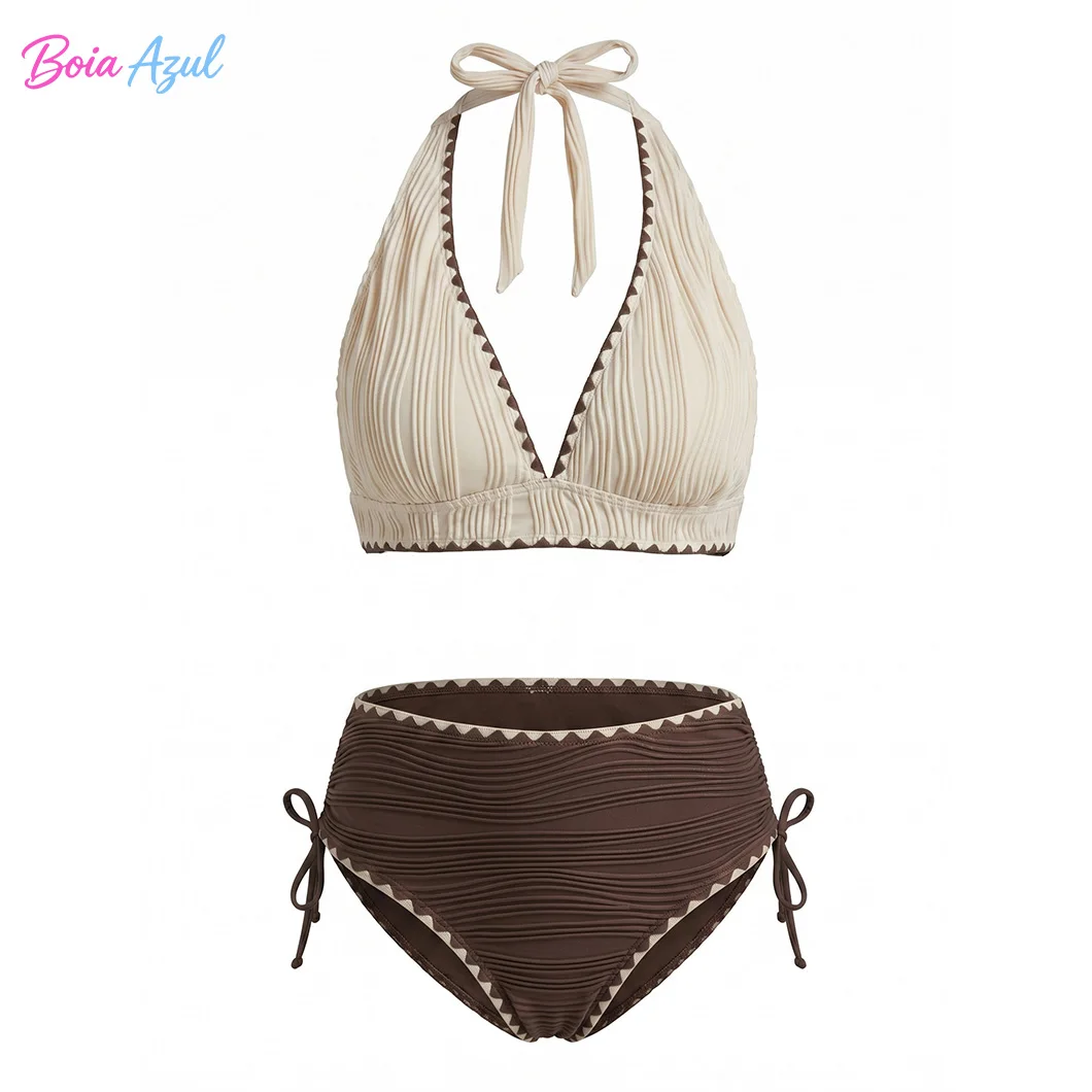 Two-color pleated halter-neck bikini swimwear color-matched crochet-trimmed two-piece swimwear sexy backless swimwear