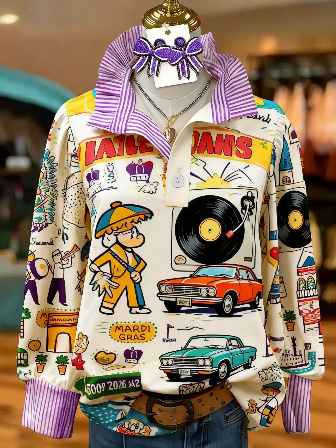 Women's winter holiday printed button up cardigan - long sleeved stand up collar pullover,