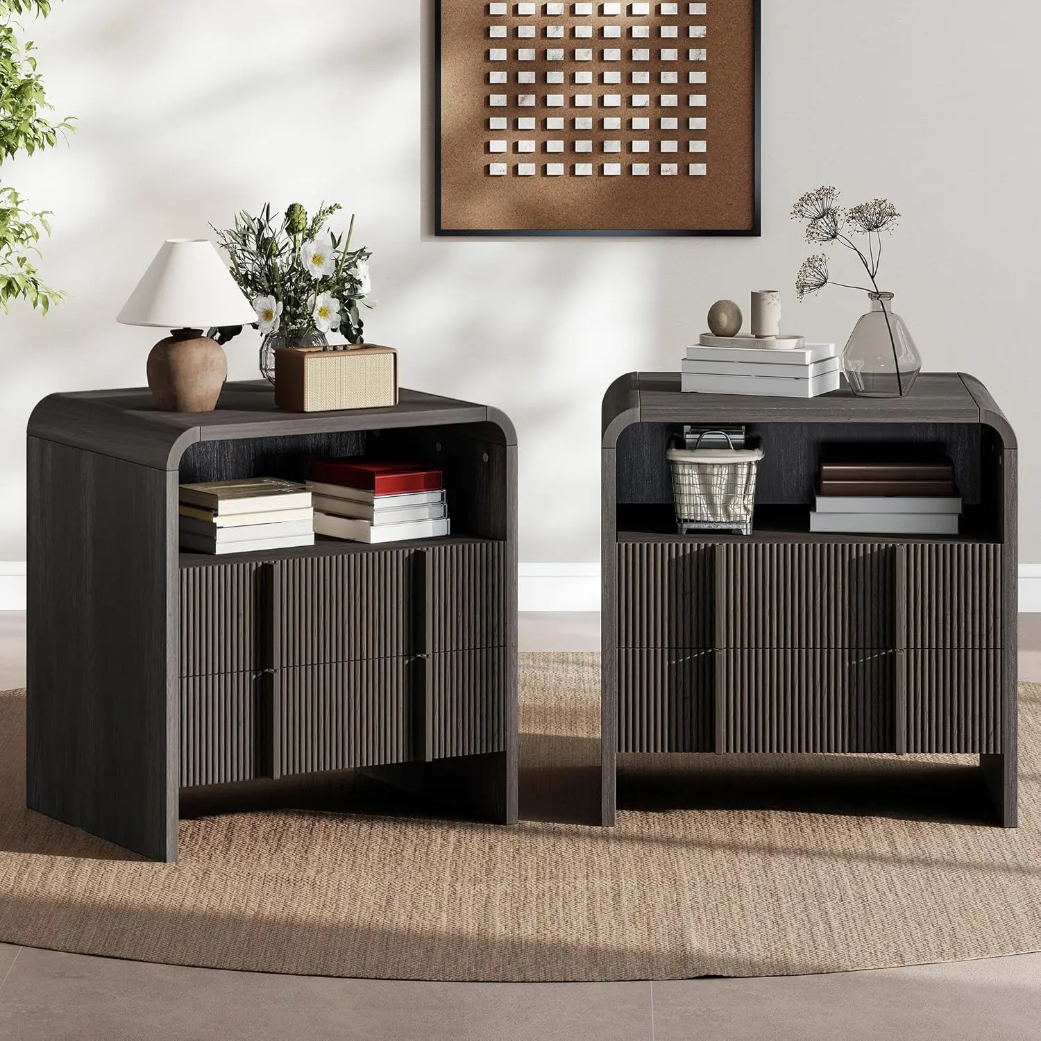 3-Piece Modern Fluted Bedroom Furniture Set, 48" Tall 5-Dresser & 2-Drawer Nightstands Set of 2 with Pine Handles &, Customized - view 2