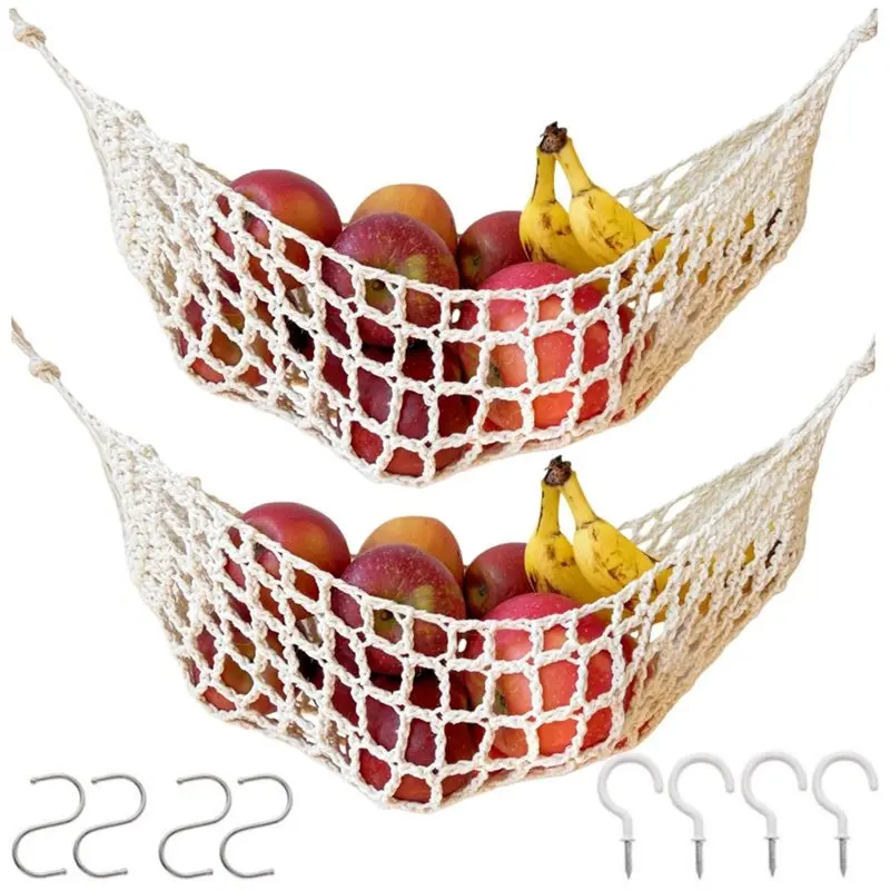 A53Q-Under Cabinet Veggie Banana Basket-Hanging Fruit Hammock With Hooks(2-Pack), Hand-Woven Macrame Boho Fruit Holder