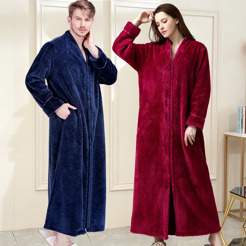 Autumn Winter Thicken Coral Fleece Long Robe Home Wear Sleepwear Zipper Warm Thick Bathrobe Women Men Flannel Cozy Dressing Gown