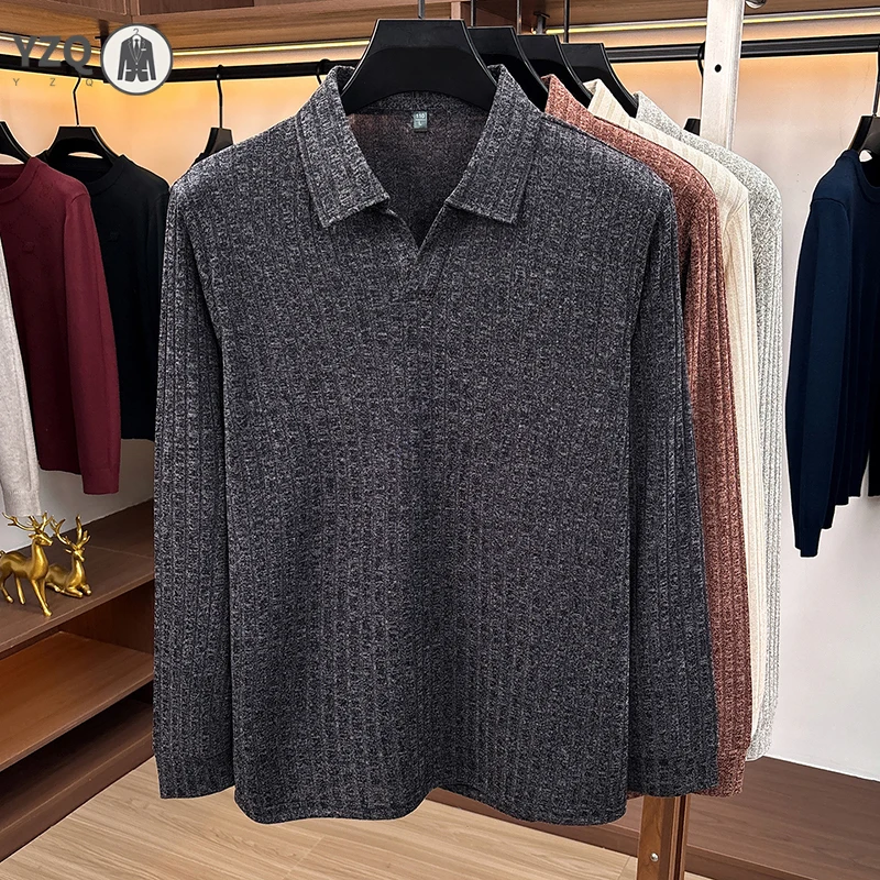 Mens Knit Polo Shirt Long Sleeve Lap V Neck Vertical Rib Stripes Comfortable Stretch Spring Fall Casual Garment