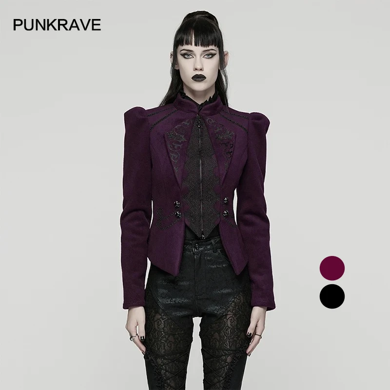 PUNK RAVE Women's Gothic Delicate Embroidered Small Turn-down Collar Woolen Coat Adjustable Drawstring Elegance Jacket