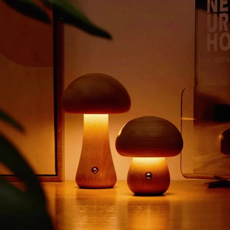 Walnut Mushroom LED Night Light Bedside Bedroom Children Table Lamp USB Charge Touch Switch Sleep Reading Family Night lamp