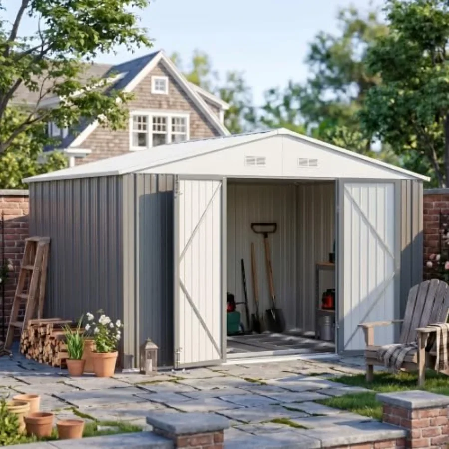 Outdoor storage shed for backyard use, galvanized steel, gray, rust-resistant and includes floor frame