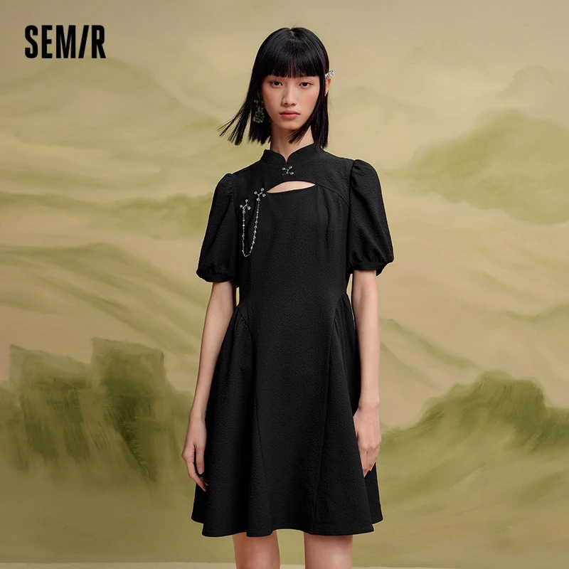 

Semir Dress Women Bubble Sleeve Hollow Out 2023 Summer New Slim Fit New Chinese Short Dresses