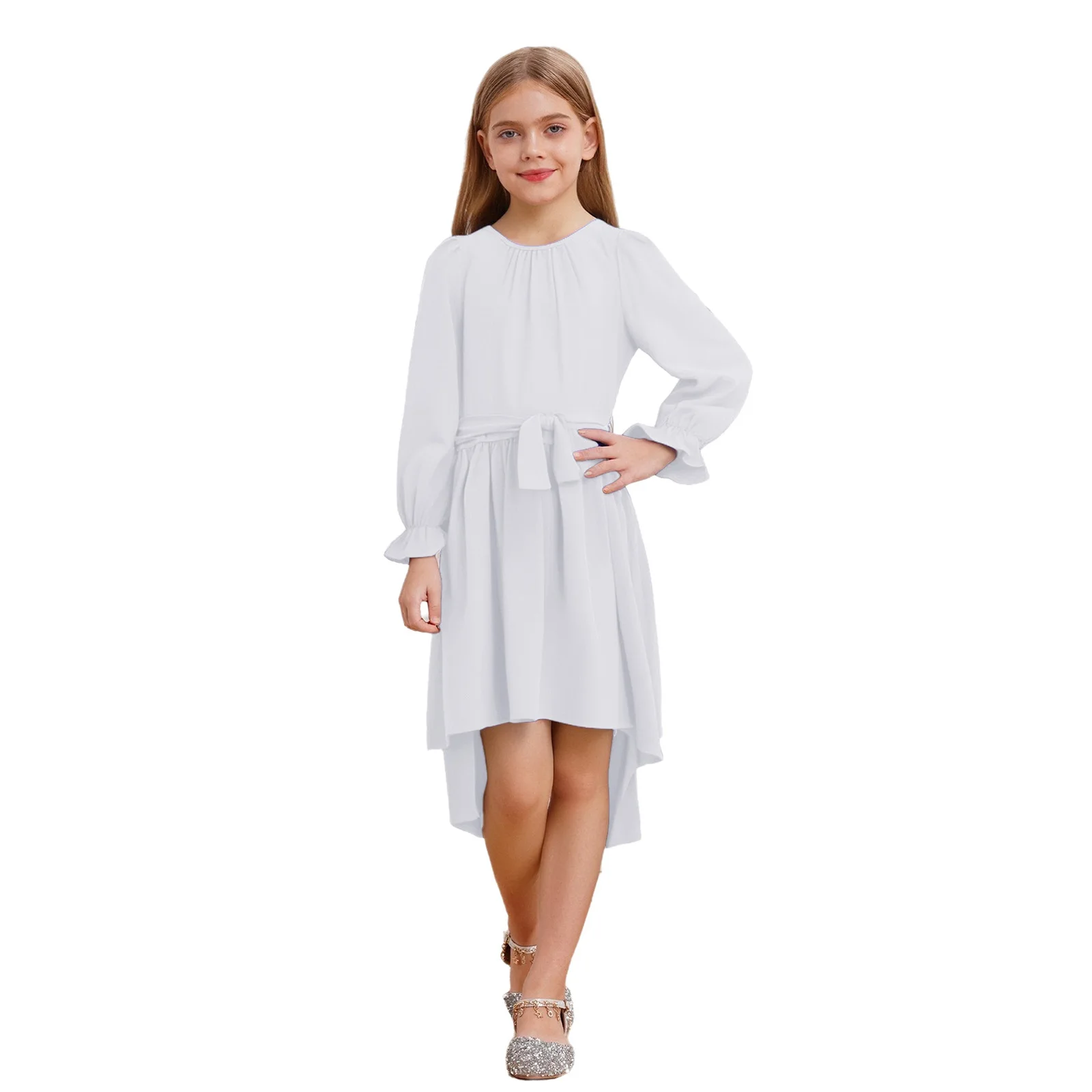 

Kids Girls Elegant Birthday Wedding Gown Party Dress Round Neck Long Puff Sleeves High-Low Hem Dress with Belt for Vacation