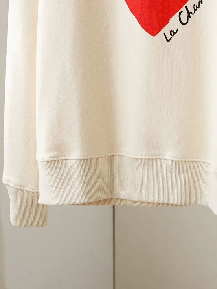 Love Letter Print Sweatshirt Women Vintage Loose Sweatshirts Autumn 2023 New Round Neck Long Sleeves Retro Pullover Elegant