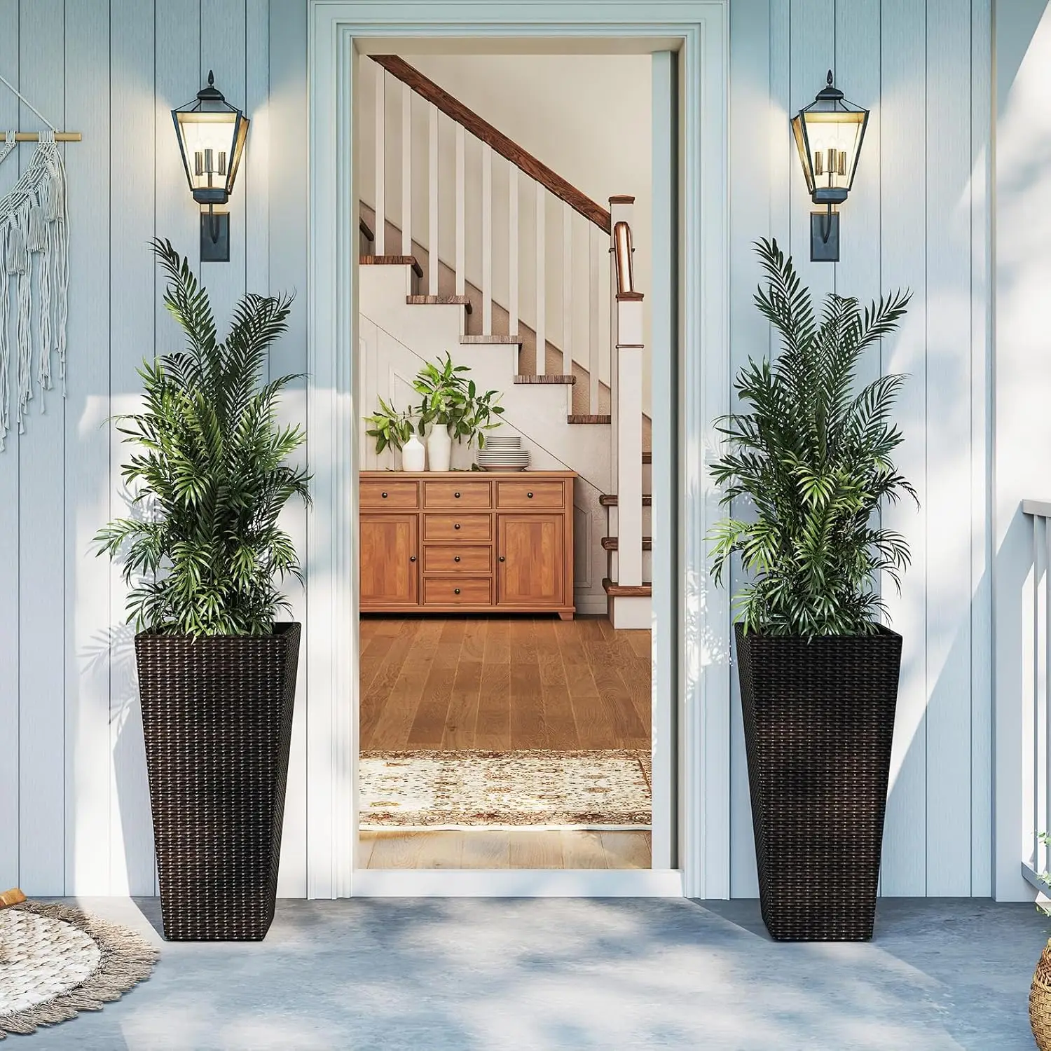 Indoor and Outdoor Front Porch, Balcony and Entryway Decoration, Dark Brown PE Rattan Wicker Flower Pots with Drainage System