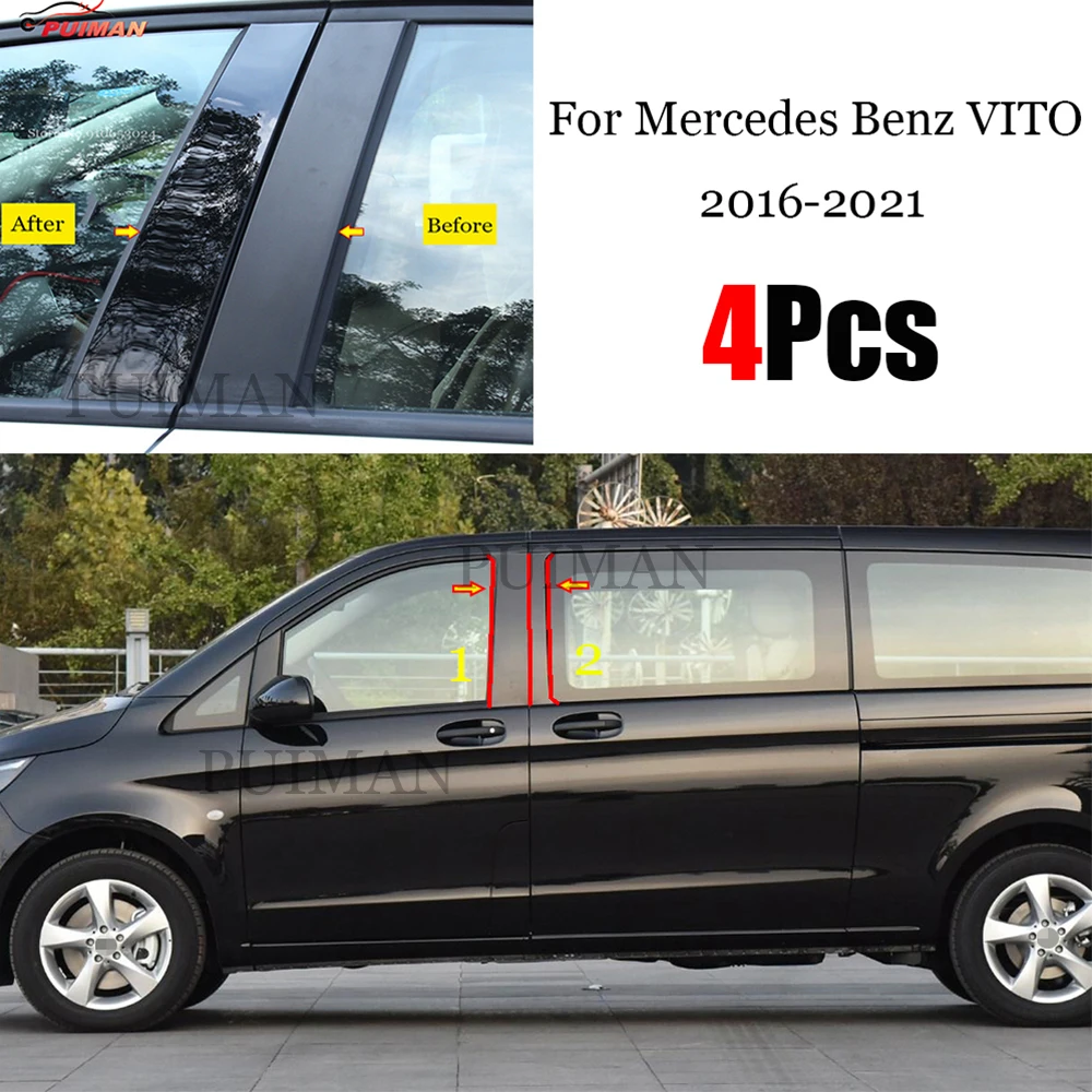 

For Mercedes Benz VITO Tourer W447 2016 - 2021 Car Glossy Black Door Central Window Middle Column Strip PC B C Pillar 4PCS